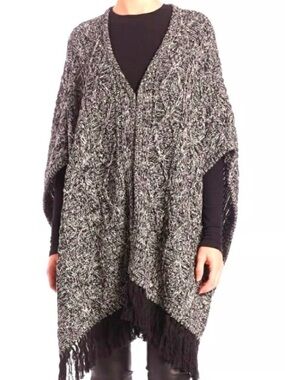 Alice + Olivia Black and Gray Marled Cable Knit Poncho with Fringe
